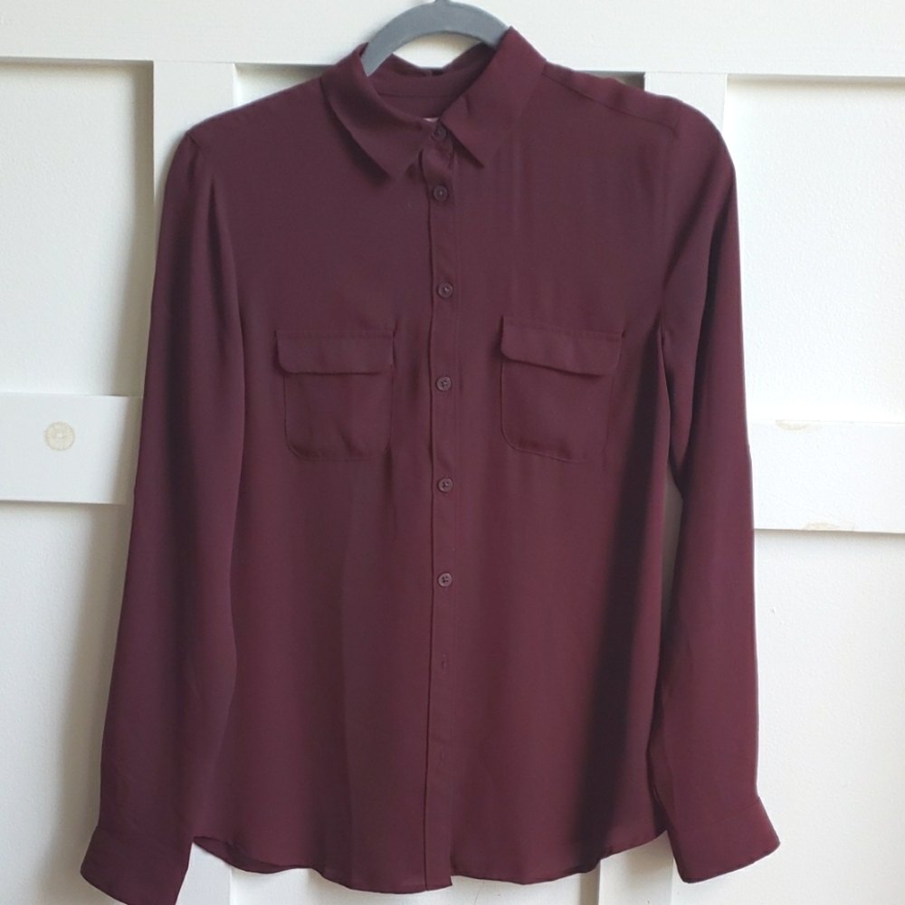 LOFT Women's Menswear Style Long-Sleeve Deep Burgundy Blouse Sz XS